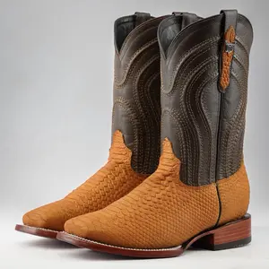 Matte Honey Python Print Leather Boots - Square Toe