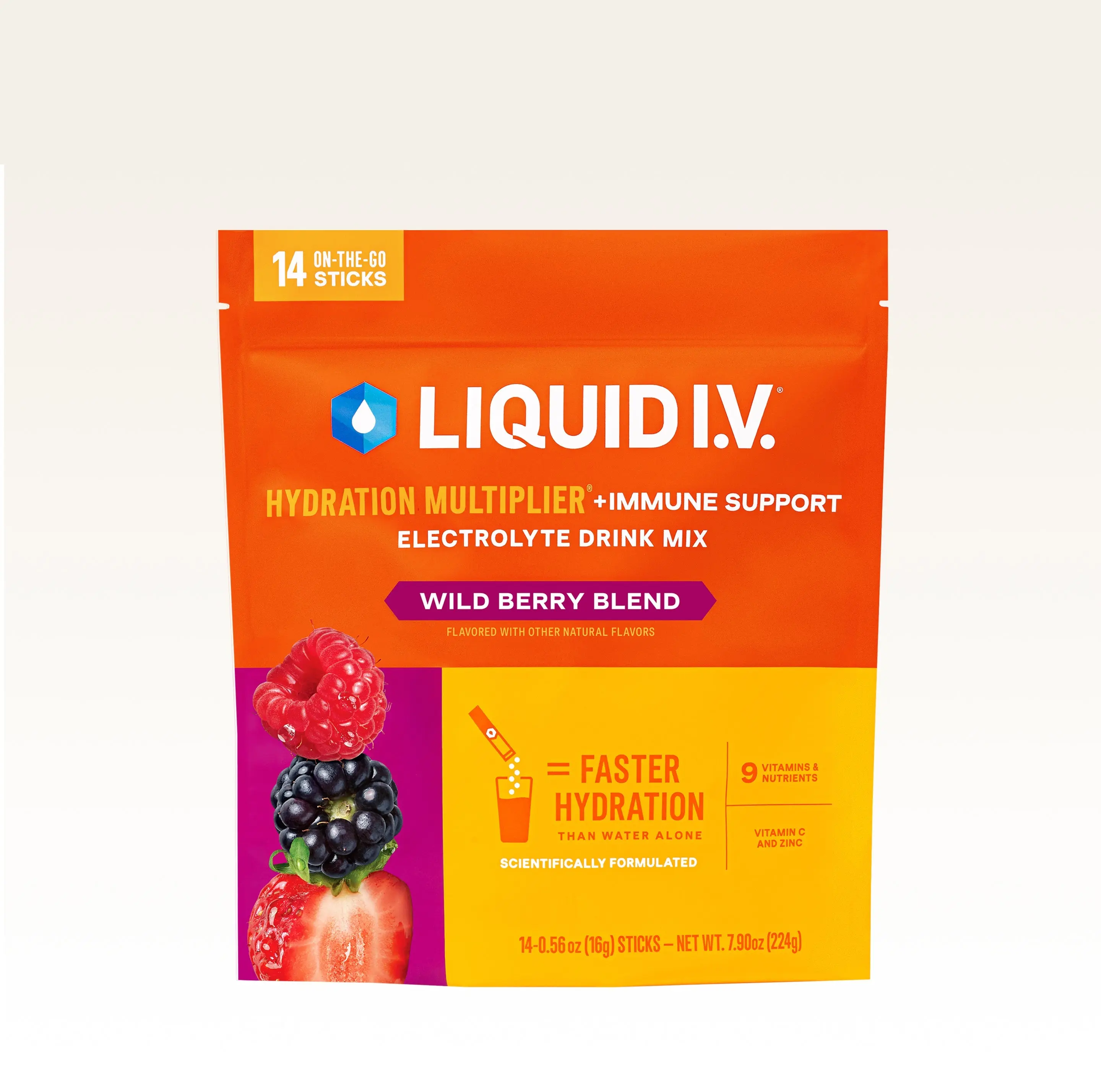 Liquid I.V. Hydration Multiplier +Immune Support - Wild Berry Blend - Hydration Powder Packets | Electrolyte Powder Drink Mix | Convenient Single-Serving Sticks | 5x Daily Value of Vitamin C |1 Pack (14 Servings)