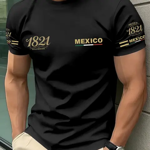 Men's Fashion Short Sleeve T-Shirt, Menswear Vintage Mexican Style Print, Round Neck Casual Top, Relaxed Fit Summer Daily Wear, Loose Fit H-Type, Casual Print Tee