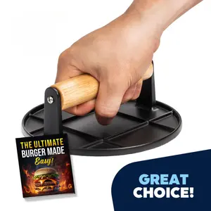 Heavy Duty Cast Iron Smash Burger Press with Wood Handle, Pre-Seasoned Meat Weight Griddle Tool for Bacon, Steak, Hamburger Pan Skillet Cooking