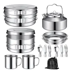 15 Pcs Camping Cookware Mess Kit Outdoor Cooking Set Stainless Steel with Pot and Pan Kit 2 Set Stainless Steel Cups Plates Forks Knives Spoons for Camping Backpacking Cooking Picnic