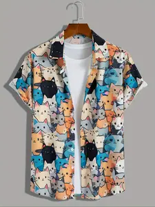 Men's All Over Cat Print Button Front Shirt, Fitted Regular Fit Casual Cute Short Sleeve Collared Top for Summer, Men's Clothes for Daily Wear，Limited-time offer, fast shipping