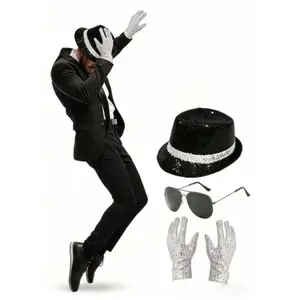 Disco Stage Performance Glitter Hat Glasses Gloves Set, Michael Jackson Costume Accessories, Party Decorations, Halloween, Music Festival