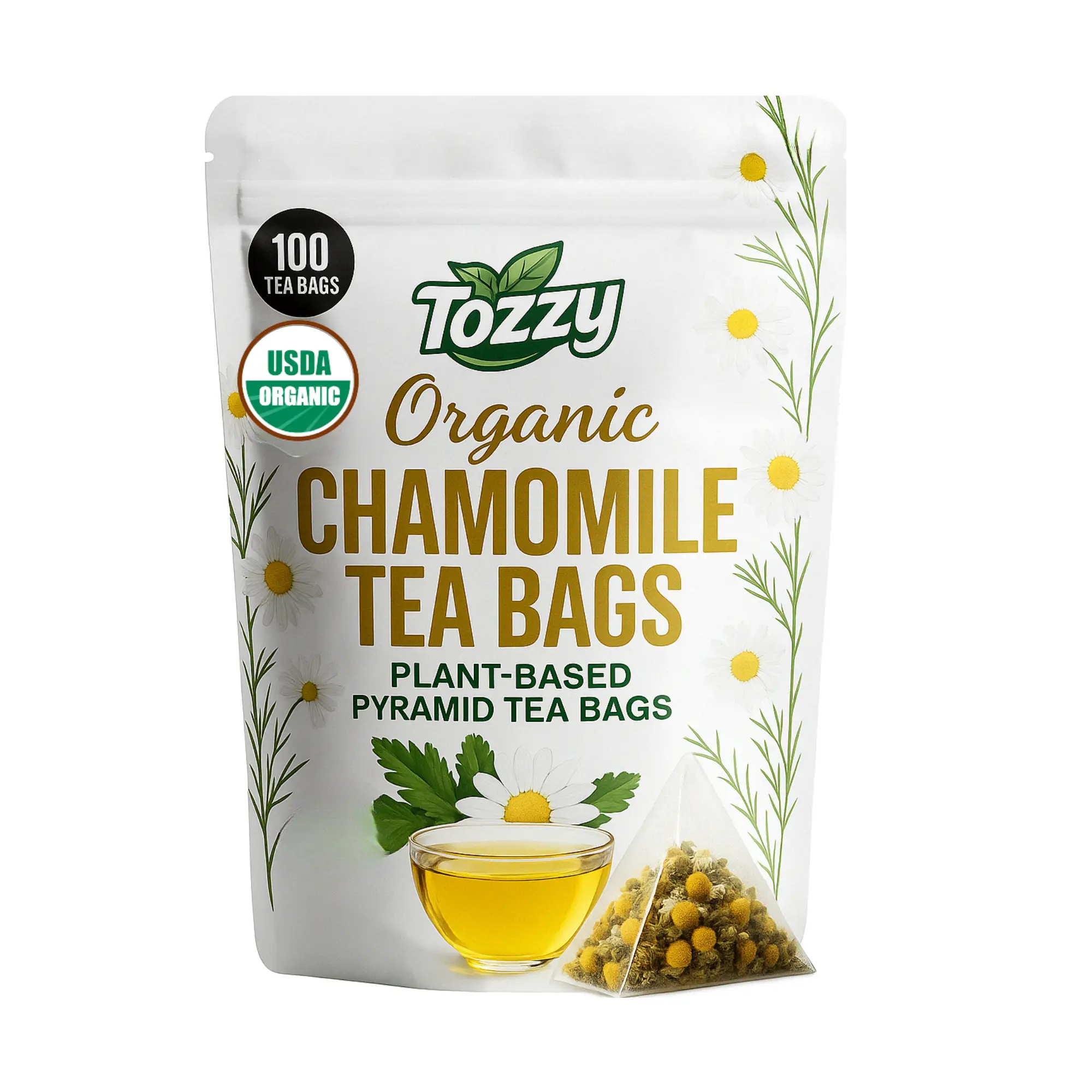 Organic Chamomile Tea, Menstrual Cycle Support - 100 Count | Plant-Based Pyramid Tea Bags