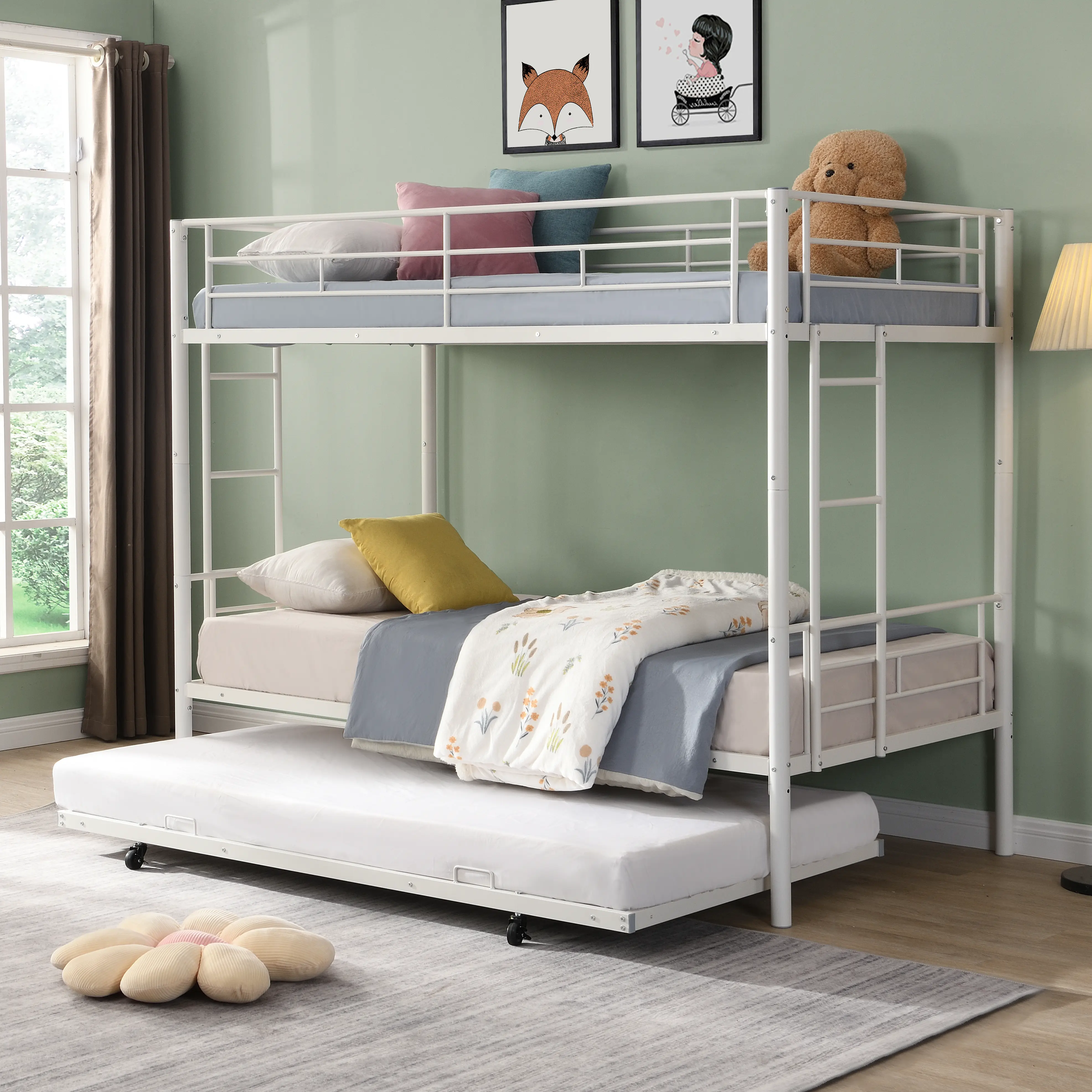 Dreamzon Modern Sturdy Steel-Frame Bunk Bed with Silent Trundle Add-On - White Space-Saver Furniture, Easy Assembly Required, 250/350 lbs Weight Capacity Indoor Bed