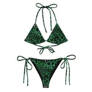 Eco-Friendly String Bikini, Green & Black Two Piece Swimsuit, Green Garnet Bikini, Versatile Multi-Wear Style, Triangle Top Bikini Set