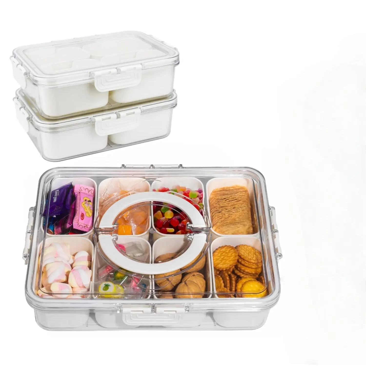 1-Pack White Compartmentalized Glass Snack Container - Airtight Food Storage with Leak-Proof Lid, Handle, Dustproof Seal, Reusable, Freshness-Retaining Kitchen Organizer for Candy, Portable Travel Charcuterie Holder