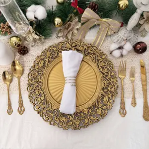 Gold Charger Plates Set of 6/12, 13" Round Plastic Dinner Chargers, Decorative Hollowed Out Flowers Serving Plates for Table Setting, Catering, Wedding, Party, Event