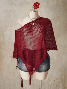 HANNA x ICON Plus Size Women's Spring/Summer Retro Sexy Elegant Commuter Casual Everyday Bohemian Style Millennial Style Y2K Music Festival Tassel Decoration Red Knitted Cover-Up Top