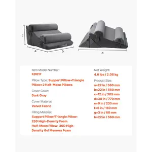 VEVOR Wedge Pillow for Sleeping, 4 Pcs Adjustable Orthopedic Bed Wedge Set, Support Arm Leg Neck Shoulder, Post Surgery Pillow for Back Pain, Acid Reflux, Snoring Relief, Sitting up in Bed, Dark Grey