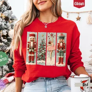 Faux Yarn Crochet Nutcracker Sweatshirt, Trendy Women's Christmas Crewneck