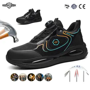 SAFETREK Men's Rotate Button Lace Up Work Shoes with Steel Toe Anti-smash Anti-pierce Lightweight Round Toe Safety Shoes for Outdoor Construction