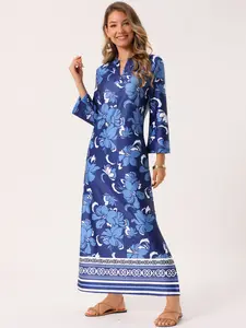 INSPIRE CHIC Women's Boho Long Dresses V Neck 3/4 Sleeve Side Slit Floral Flowy Beach Maxi Dress with Pockets
