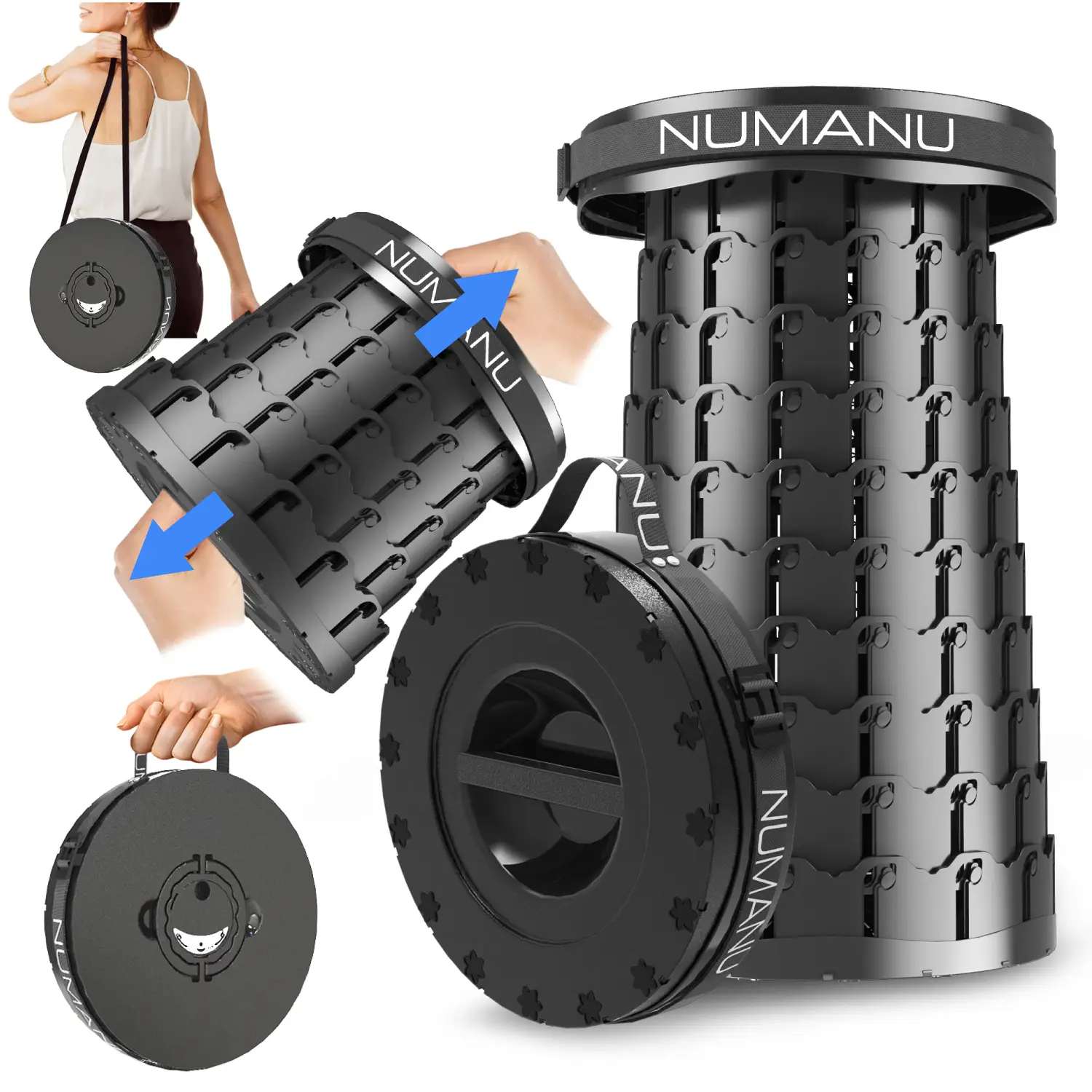 NUMANU XXL 19.7" Wider & Taller Collapsible Stool, 1000lbs Max Weight, Adjustable Height, 2025 Upgraded Portable Retractable Folding Seat, Heavy Duty