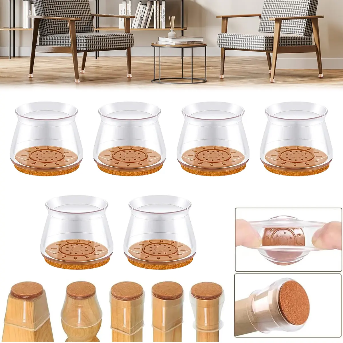 6Pcs Chair Leg Floor Protectors, Silicone Chair Leg Protectors Caps Covers for Hardwood Floors, Furniture Pads Sliders with Wrapped Felt Bottom