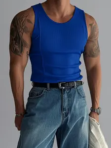 Men's Spring ＆ Summer Outfits  Plain Round Neck Sleeveless Fitness Workout Vest for Gym Wear, Classic Textured Fabric, Perfect for Fitness Casual Sports, Essential Men's Wardrobe Item.