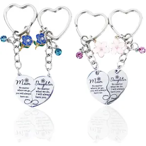 4PCS Mother Daughter Matching Keychain Set, Stainless Steel Pink Flower Blue Rose Rhinestone Charm Heart Design for Backpack Purse, Sentimental Keepsake Present for Mom Daughter for Birthday Easter
