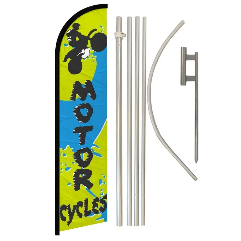 Windless Outdoor Motorcycle Banner Flag Complete Kit - 11.5x2.5 ft High Windproof Polyester Flag with Unique Print, Steel-Aluminium Pole Set, Festive & Party Backdrop Home Supply