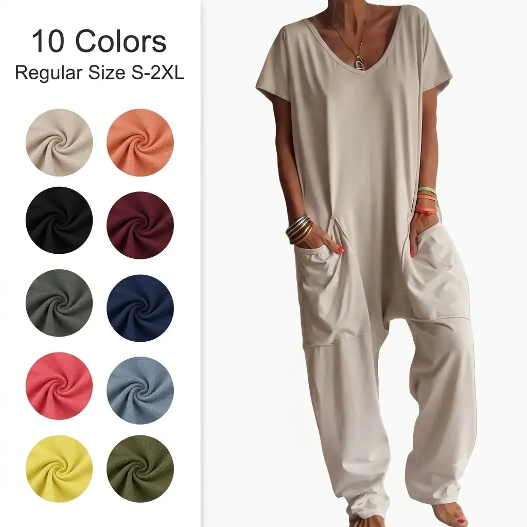Women's Solid Color V-Neck Oversized Pocket Low Waist Overall Jumpsuit, Basic, Casual Home Wear, Comfortable One-Piece Pants, Perfect for Daily Use