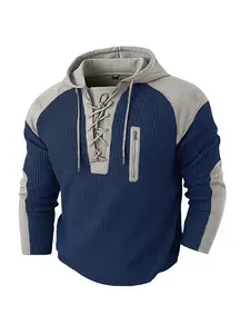 Men's retro color-blocked hooded sweatshirt with drawstring, tie-up collar, zipper pockets, multi-color options, suitable for street wear, campus commuting, weekend light hiking and other high-frequency scenarios, versatile for men's 26 new sweatshirt.