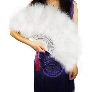 Handheld Marabou Feather Fan, 1920s Vint Style Flapper Hand Fan for Costume Party and Dancing-White