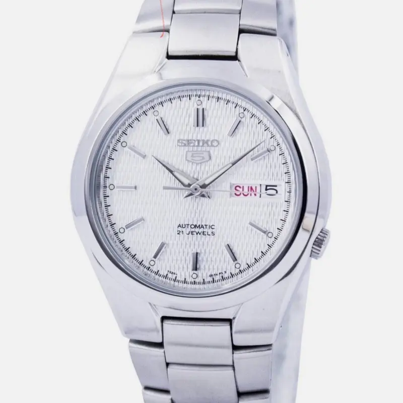 Seiko Men's 5 SNK601 Silver Textured Automatic Watch with Day Date Display & 21 Jewels