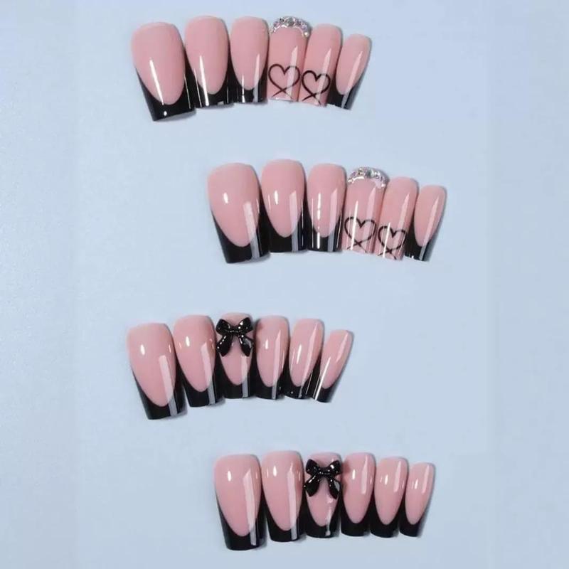 Medium Coffin Press On Nails Black French Tip with Bow and Heart Charms 24 Pcs Fake Nails for Women