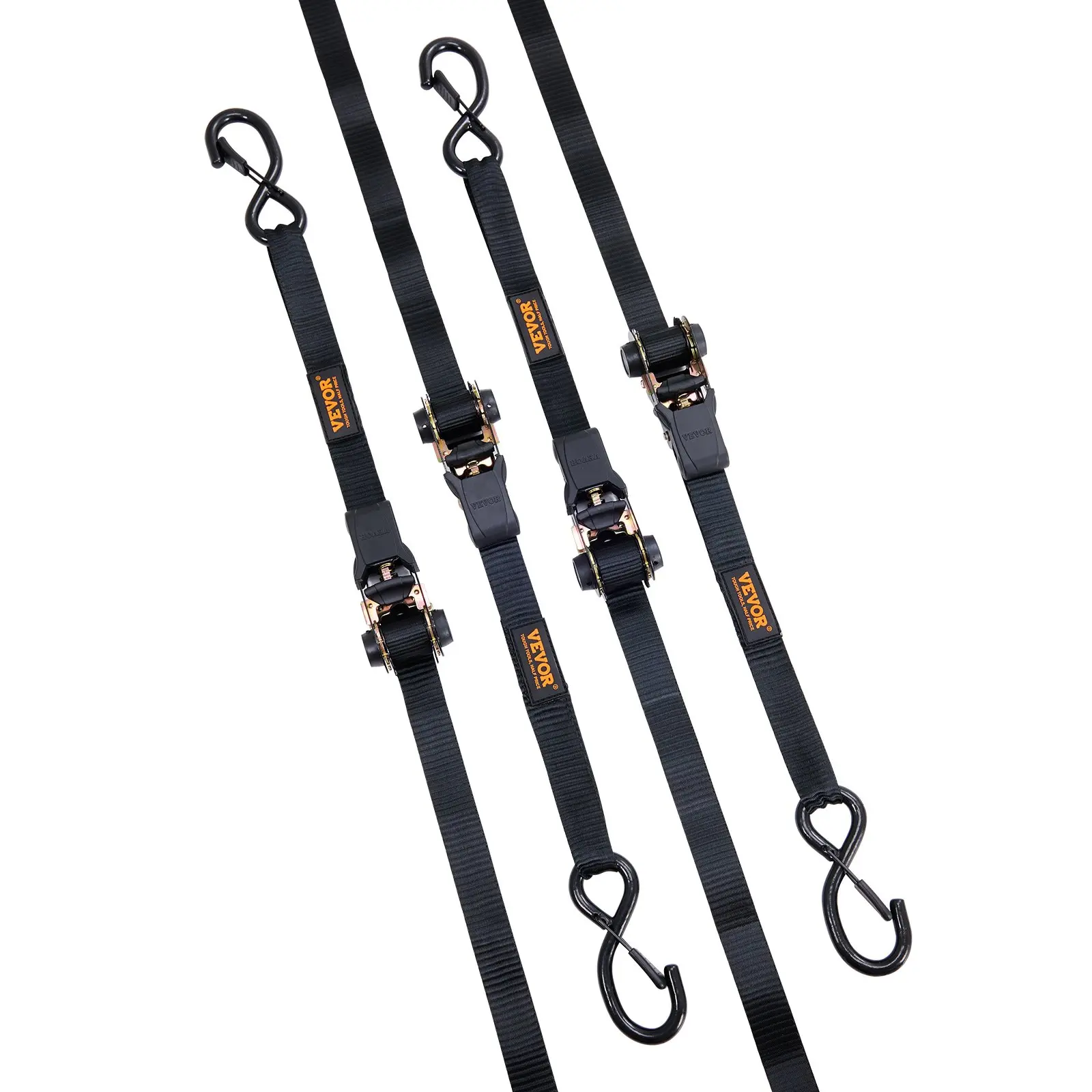 VEVOR 4PK Ratchet Tie Down Straps, 1 in x 15 ft (1 x 15') with 0.04 in Thickness, 2200 lbs Max Break Strength, Padded Handles & Safety Locks