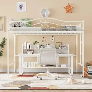GAOMON Loft Bed Twin Size with Ladder & Full Safety Guardrail, Heavy Duty Metal Twin Loft Bed 400 Lbs Load Capacity, Space-Saving, Noise Free, No Box Spring Needed, Easy Assembly, Cream White Dorm Bed Cubbies Bedroom Furniture