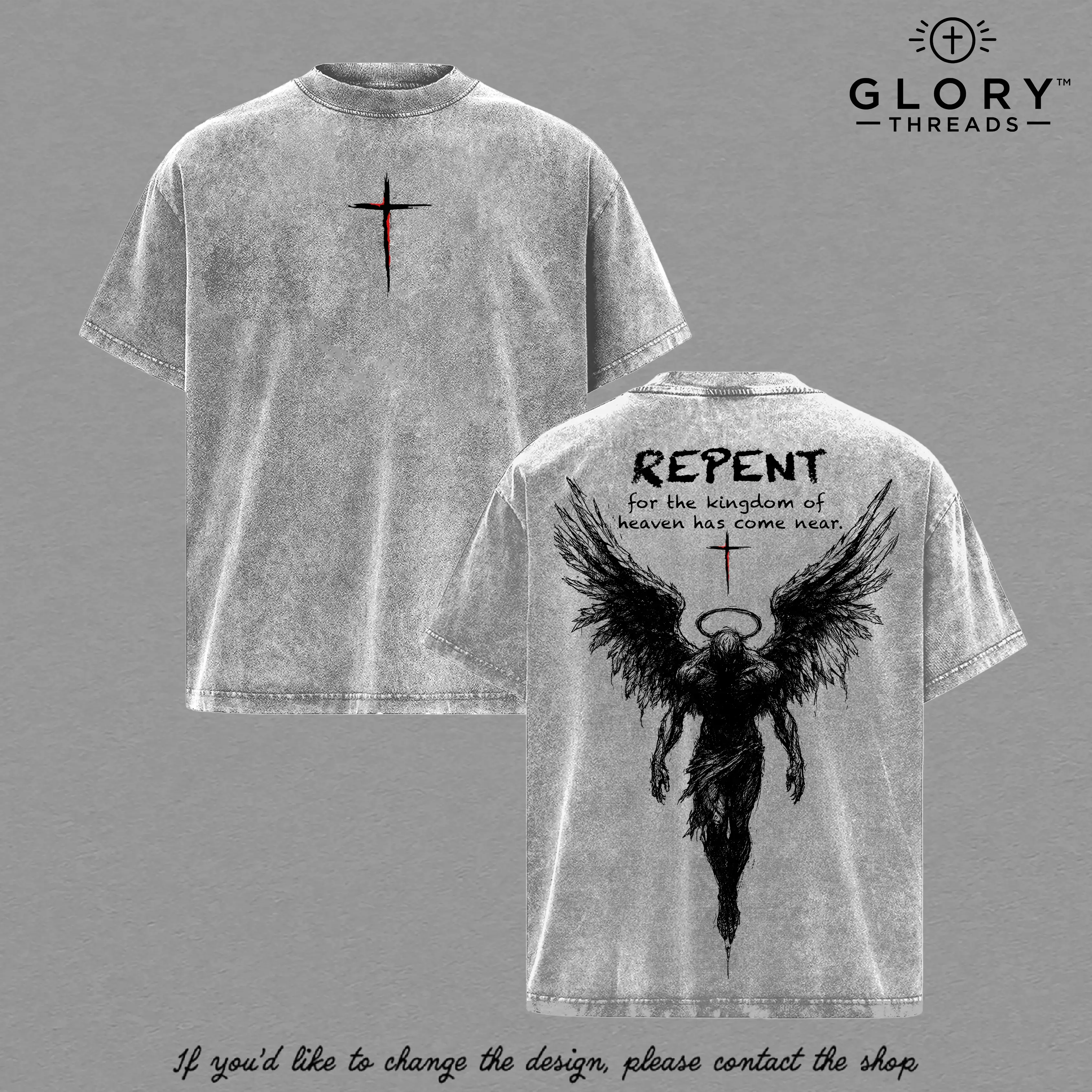 Repent Vintage Washed Oversized Christian T Shirt Angel Wings Faith Graphic Tee Kingdom of Heaven Has Come Near Gospel Streetwear Top Heavy Cotton Unisex Retro Worship Shirt