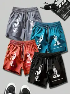 4 Pcs Men's Quick-Dry Casual Shorts, Print Drawstring with Zip Pockets, Lightweight Breathable Sport Shorts, Athleisure Shorts for Home, Gym, Outdoor, Streetwear