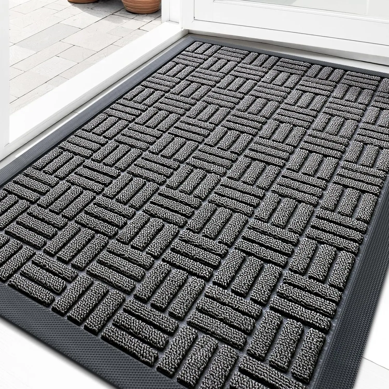 Grey Front Door Mat - 29.5x17in All-Weather Moisture-Proof Natural Rubber Mat, Absorbent, Heavy-Duty Sturdy, Stain & Fade Resistant, Non-Slip Backing, Low-Profile for Entryway Indoor Outdoor, All-Weather Moisture-Proof Mats
