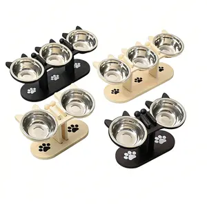 Wooden Cat Bowl Stand with Stainless Steel Bowls, Anti-Neck Protection, Detachable Design, Durable and Stylish, Multi-Bowl for Pet Cats.