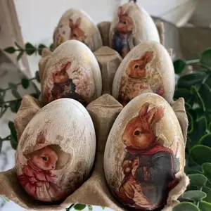 Wooden Painted Rabbit Egg Ornament, 1 Count Vintage Rabbit Egg Decoration, Small Egg Decorating for Home Garden Decoration