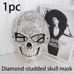 Gothic Punk Crystal Skull Brooch, Plastic Material, Full Coverage Crystal Design, Halloween Fashion Accessory, 1pc Sparkling Brooch