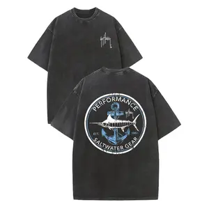 1pc, Vintage Style Men's Shark Pattern Washed Cotton T-shirt, 230G Double-sided Washed, Vintage Ocean-themed Design, Crew Neck, All-season Casual Wear, Perfect Holiday Gift