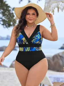 Plus Size One-Piece Swimsuit | Leopard Colorblock for Summer Beach