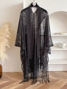 Women's Solid Color Lace Fringe Sun Protection Long Shawl Wrap, Casual Lightweight Design for All Seasons Summer, Stylish Outdoor Layering Accessory Essential