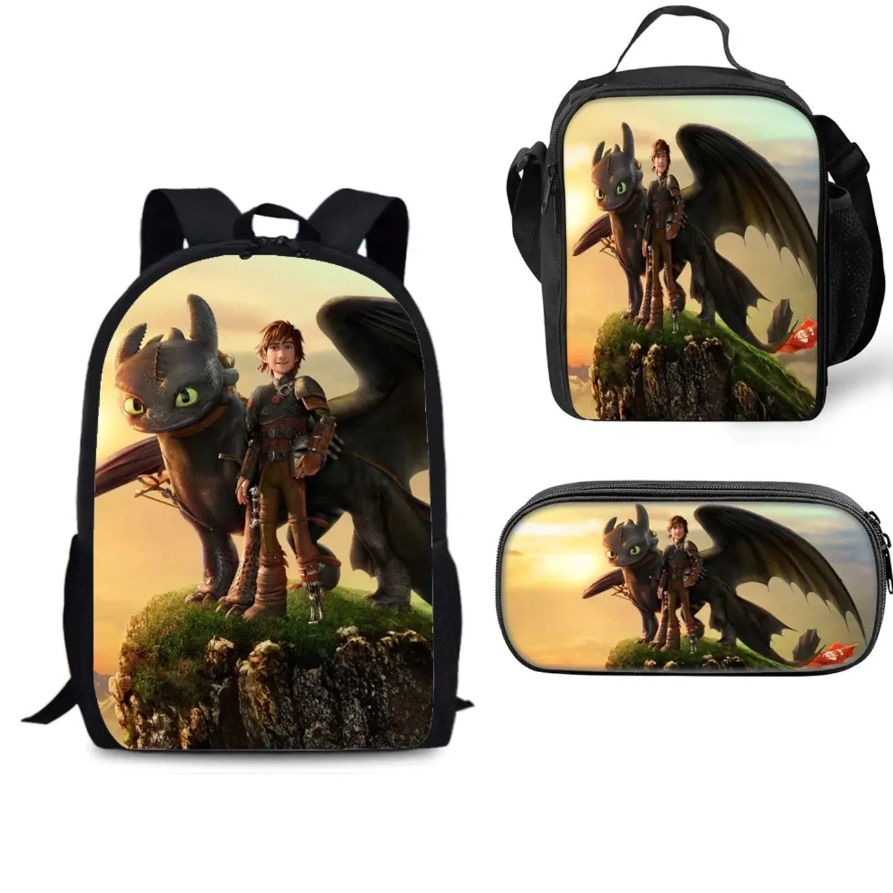 Cute Flying Dragon Character Backpack Set | 3Pcs Schoolbag Insulated Lunch Bag Pencil Case | Back to School Gift for Kids