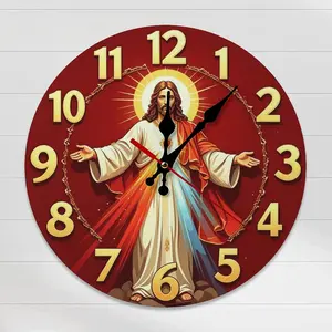 10-Inch Round Wood Silent Sacred Heart Jesus Wall Clock, Battery-Operated Christian Religious Room Decor with Easy Installation for Home, Church