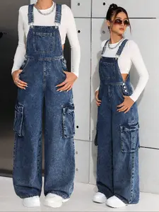 Teen Girl Denim Overalls, Street Cool Style Workwear Jeans, Side Utility Large Pockets Design, Loose Fit Natural Waist H-Type