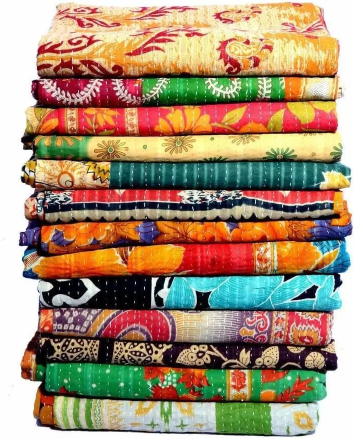 Indian Handmade Vintage Kantha Quilt Tribal Cotton Bed Cover Throw Assorted Patches Reversible Bedspread Sari Patchwork Blanket (1 Piece)