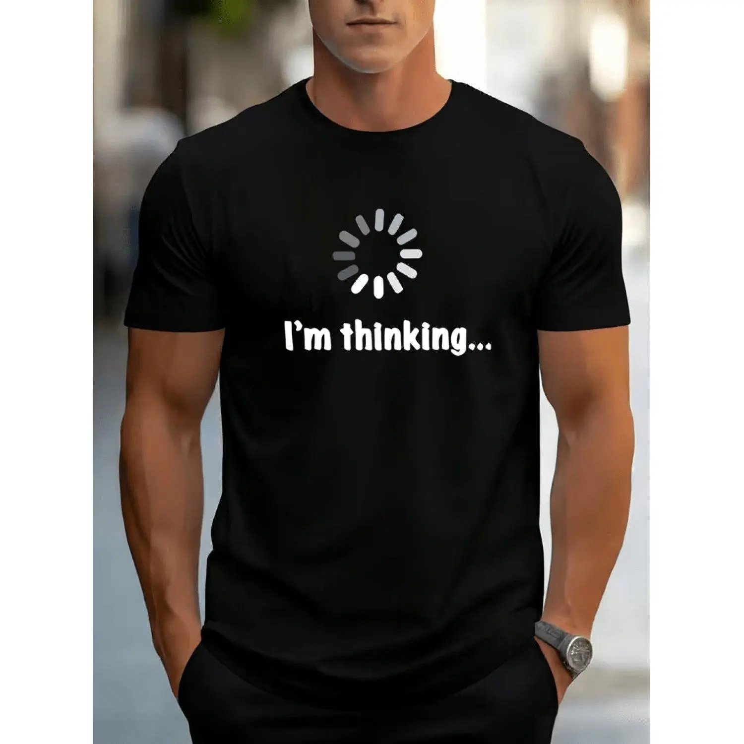 Im Thinking Quick Dry Breathable Gym Training Loose Fit Crew Neck Casual Geek Style Short Sleeve T shirt with Loading Symbol Print for Tech Enthusiasts