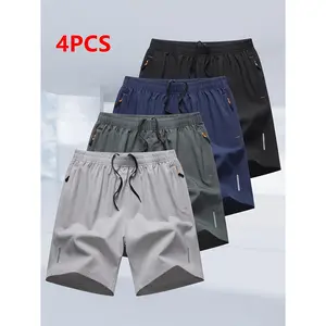 4-piece set of men's summer sports shorts, quick-drying, lightweight and breathable fabric, reinforced zipper pockets, drawstring waistband, lightweight and comfortable, casual and loose-fitting, suitable for running, fitness, cycling, basketball, tennis,