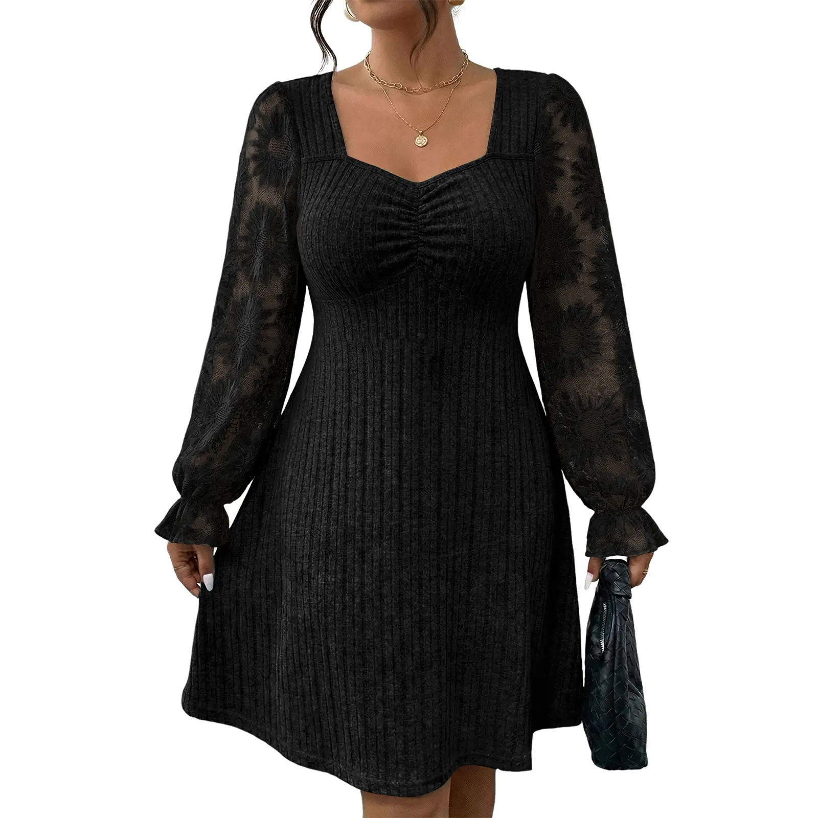 Eytino Womens Plus Size Sweetheart Neck Lace Long Flounce Sleeve Ribbed Elegant Mini Dress (1X-5X)