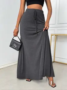 【Plus Size】 Solid Drawstring High Waist A Line Fitted Skirt, Elegant Fashion Casual Long Skirt for Daily Outdoor Wear, Women Clothing for All Seasons