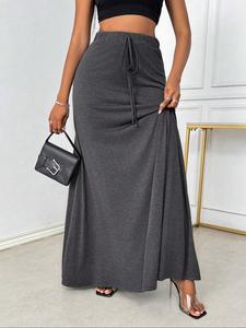 【plus size】 solid drawstring waist a line skirt, elegant fashion casual long skirt for daily outdoor wear, women clothing for all seasons, womenswear