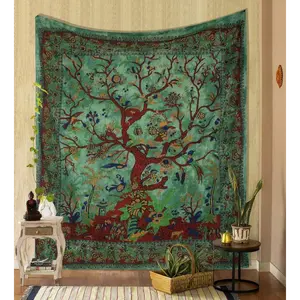 Tapestry Green Tree of Life Wall Hanging Psychedelic Tapestries Indian Cotton Twin Bedspread Picnic Sheet Wall Decor Blanket Wall Art Hippie Bedroom Décor Landscape Retro Swiss African Home Textile