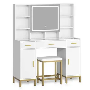 Makeup Vanity Set with LED Mirror Metal Stool White