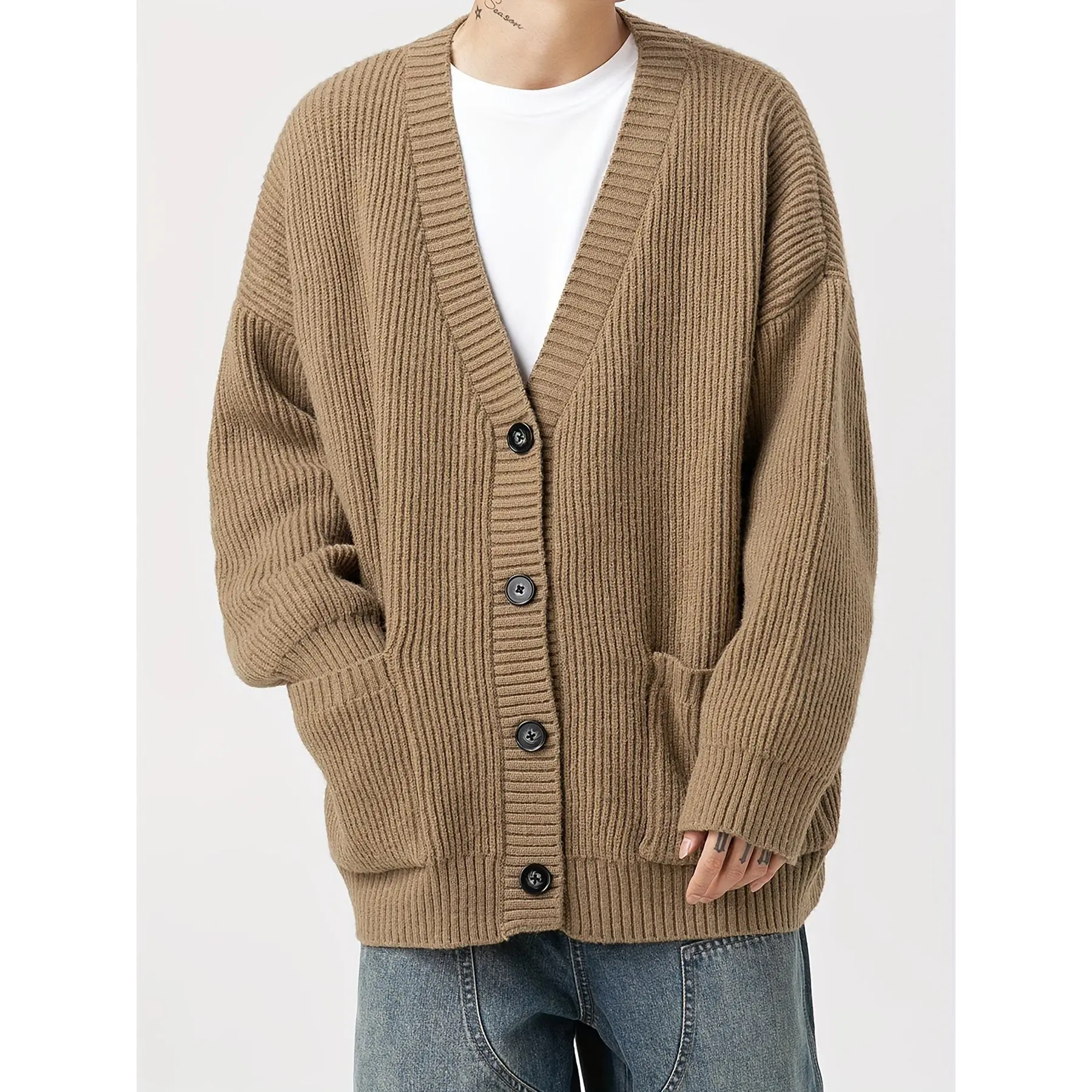 Men's Casual Knit Cardigan, Chunky Textured V-Neck Sweater with Pockets for Fall/Winter
